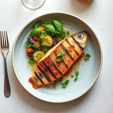 Spiced Grilled Trout with Mango-free Kachumber