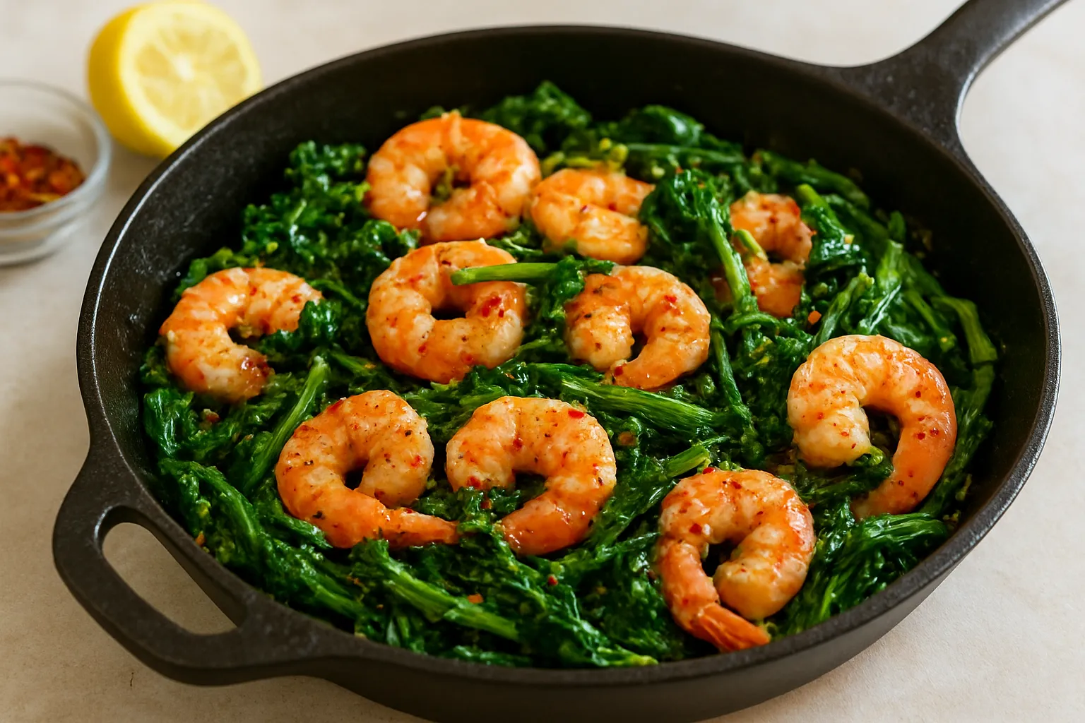 Spicy Shrimp and Broccoli Rabe Skillet