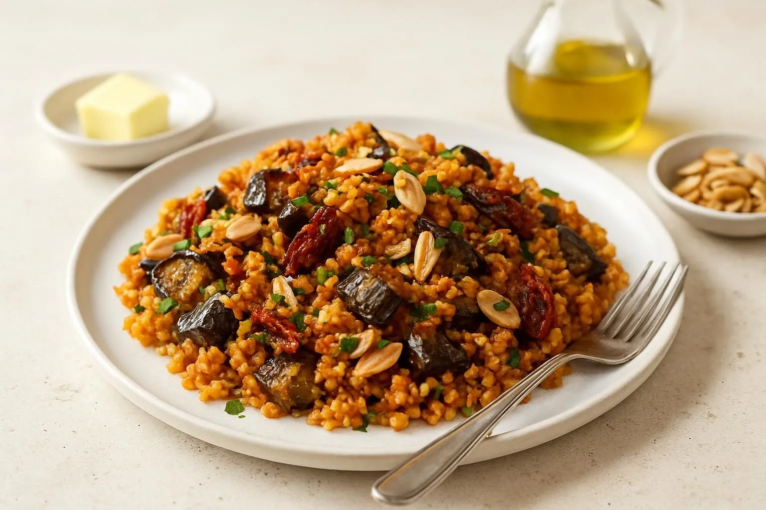 Anatolian Patlıcanlı Bulgur Pilavı with Toasted Almonds and Browned Butter Mint