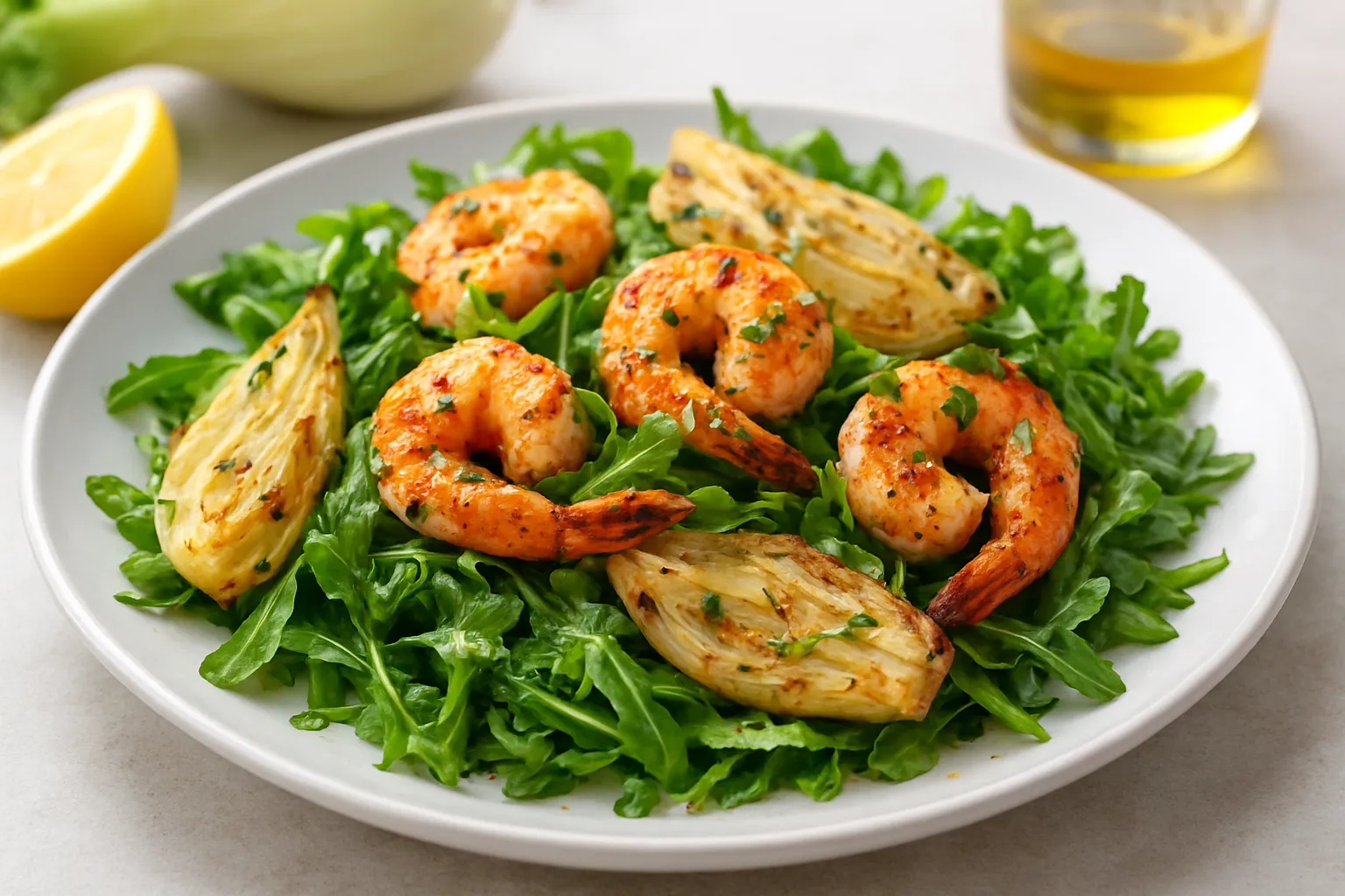 Roasted Fennel and Arugula Salad with Grilled Shrimp