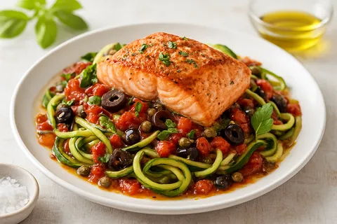 Heart-Healthy Salmon Puttanesca with Zucchini Noodles