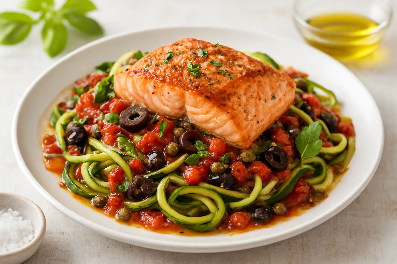 Heart-Healthy Salmon Puttanesca with Zucchini Noodles