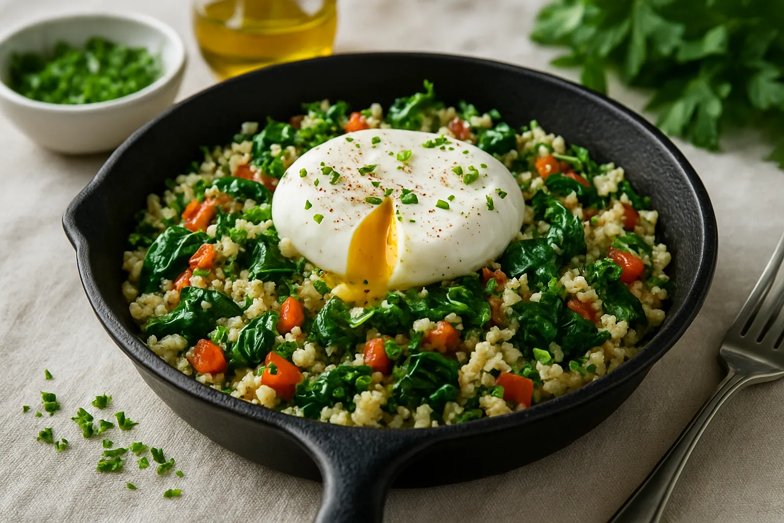 Cauliflower "Rice" Breakfast Skillet with Herbs and Poached Egg
