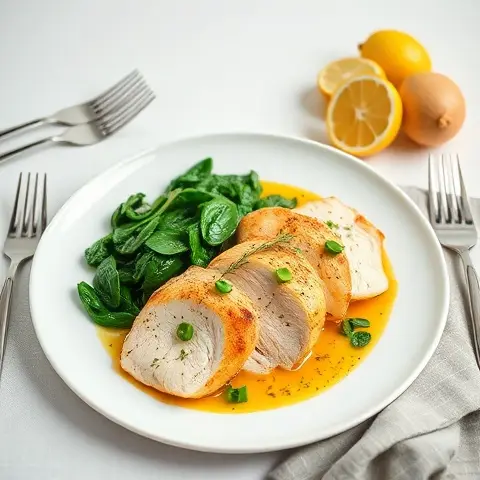 Lemon-Thyme Turkey Cutlets with Sautéed Spinach