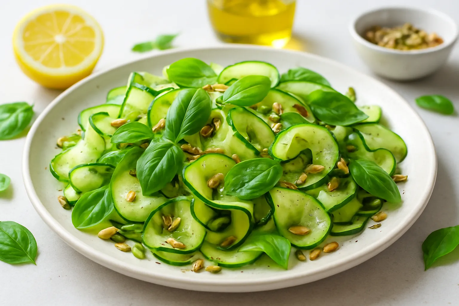 Zucchini & Cucumber Ribbon Toss with Fresh Basil and Toasted Seeds