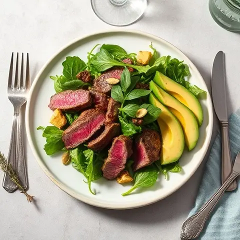 Steak and Avocado Arugula Salad with Pumpkin Seeds