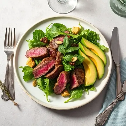 Steak and Avocado Arugula Salad with Pumpkin Seeds