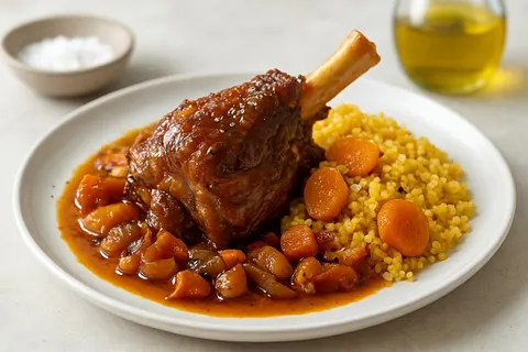 Anatolian Kayısılı Kuzu İncik — Slow-Braised Lamb Shank with Dried Apricots and Saffron Bulgur