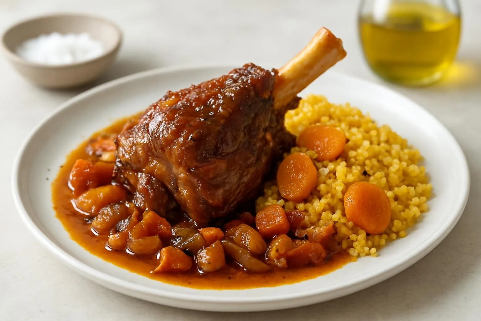 Anatolian Kayısılı Kuzu İncik — Slow-Braised Lamb Shank with Dried Apricots and Saffron Bulgur