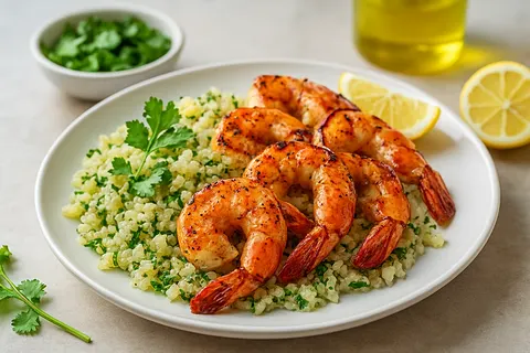 Grilled Prawns with Cilantro Garlic Cauliflower Rice