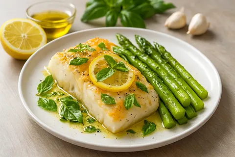 Lemon-Basil Baked Cod with Asparagus