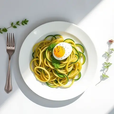Sautéed Zoodles with Pesto and Soft-Boiled Egg