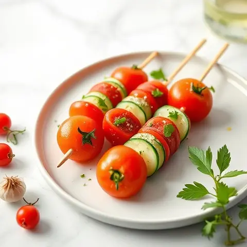 Mediterranean Tomato-Cucumber Skewers with Herb Drizzle
