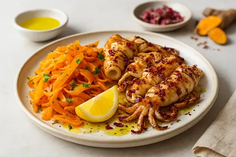 Aromatic Rose-Marinated Grilled Calamari with Warm Carrot & Turmeric Salad