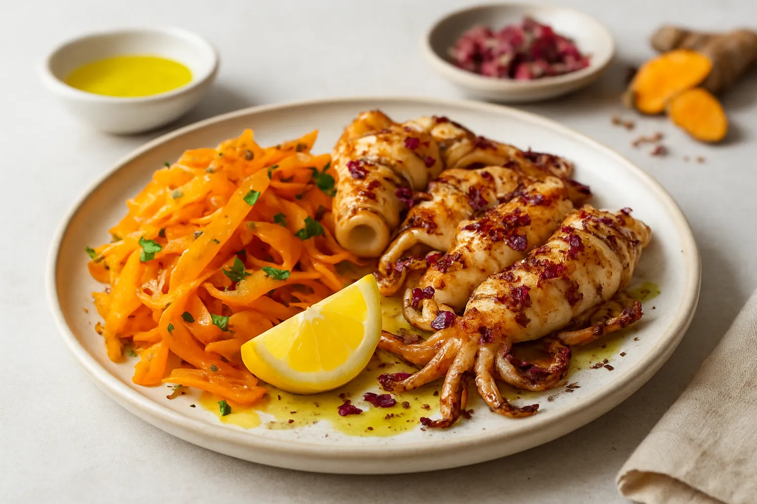 Aromatic Rose-Marinated Grilled Calamari with Warm Carrot & Turmeric Salad