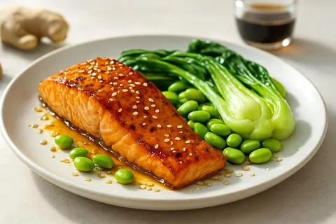 Shiro Miso–Ginger Broiled Salmon with Steamed Bok Choy and Edamame