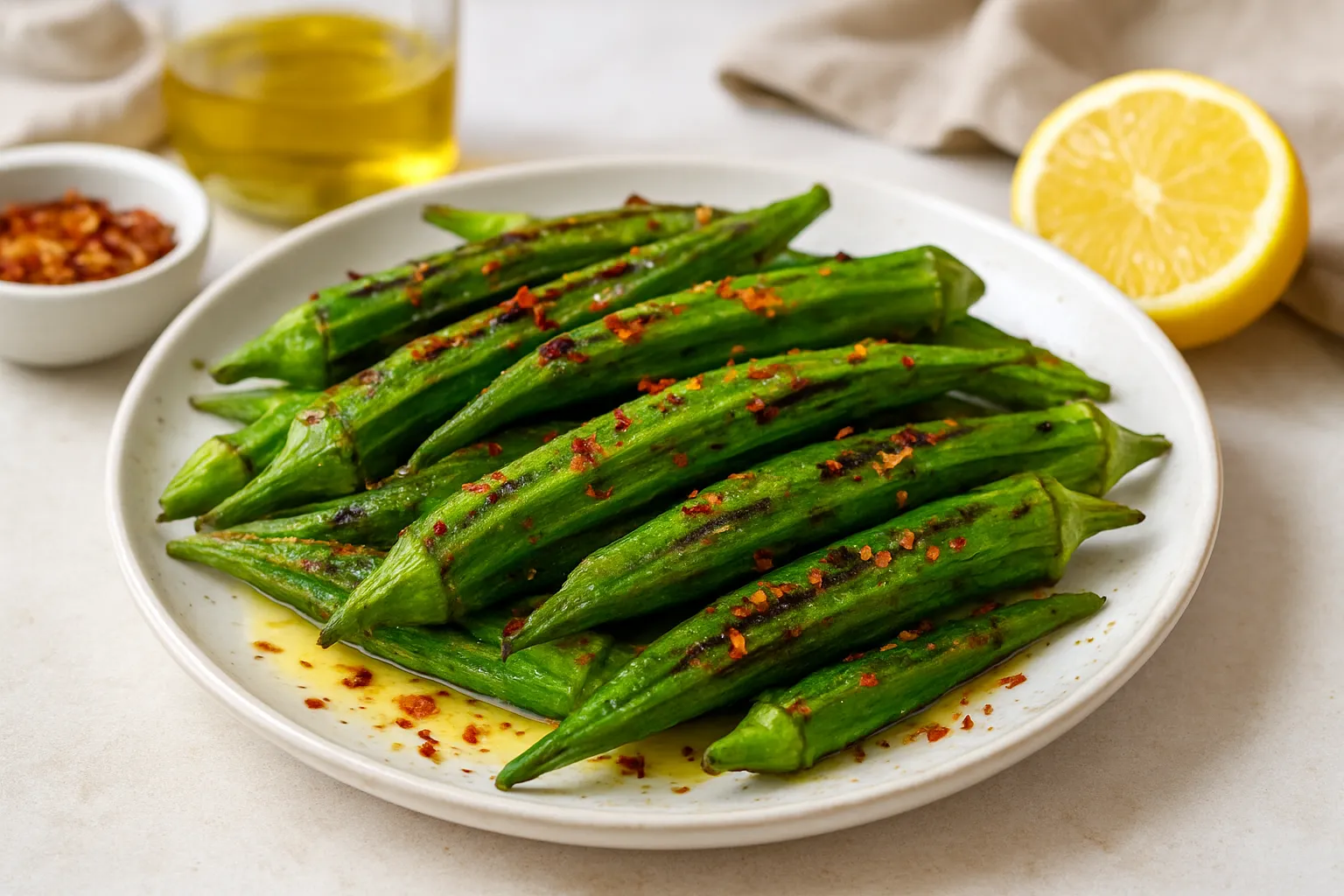 Grilled Okra with Chili Flakes