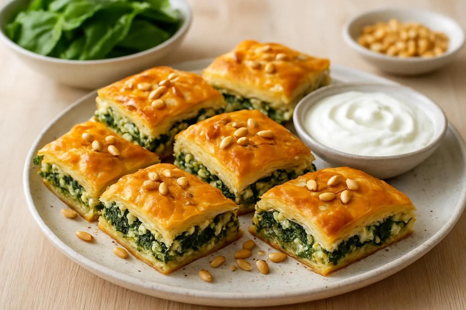 Ispanaklı Beyaz Peynirli Börek with Pine Nuts and Tangy Yogurt Dip