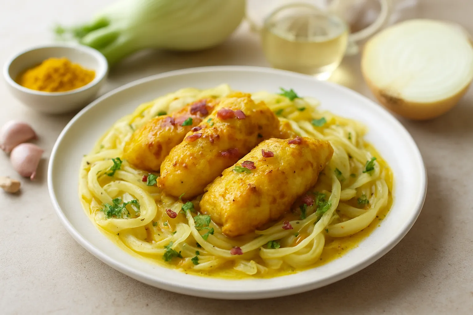 Rose & Turmeric Braised Monkfish with Fennel Ribbons