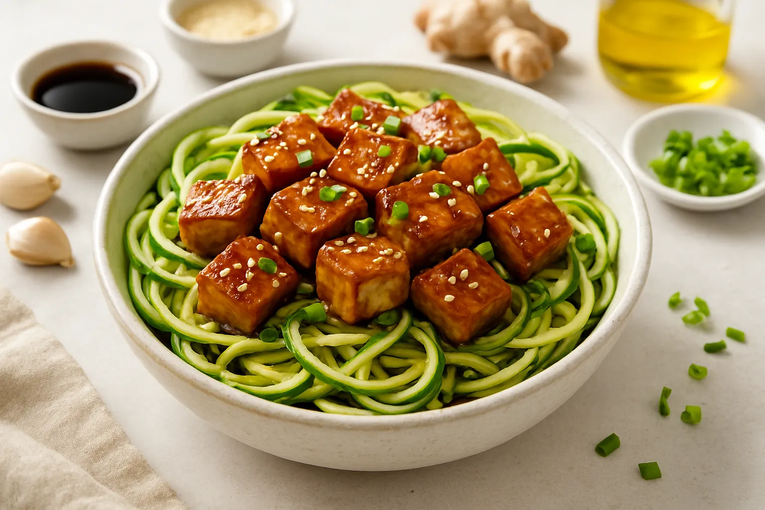Ginger-Tamari Zoodle Bowl with Sesame Tofu