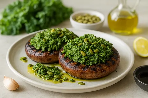 Kale and Pumpkin Seed Pesto over Grilled Portobello Caps
