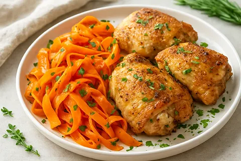 Lemon-Free Herb-Roasted Chicken Thighs with Roasted Carrot Ribbons