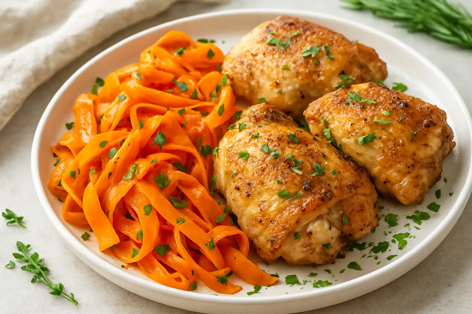 Lemon-Free Herb-Roasted Chicken Thighs with Roasted Carrot Ribbons