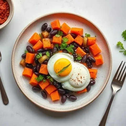 Sweet Potato and Black Bean Hash with Poached Eggs