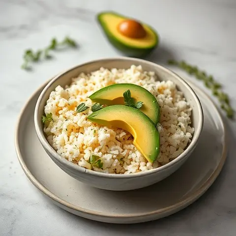 Cauliflower Rice Breakfast Bowl with Avocado and Herbs