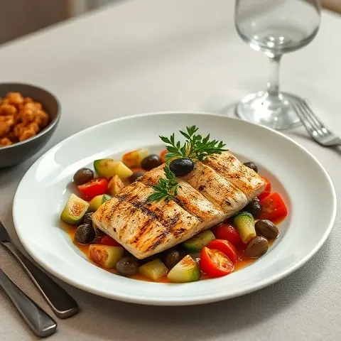 Warm Zucchini, Olive, and Tomato Ragout with Grilled Fish