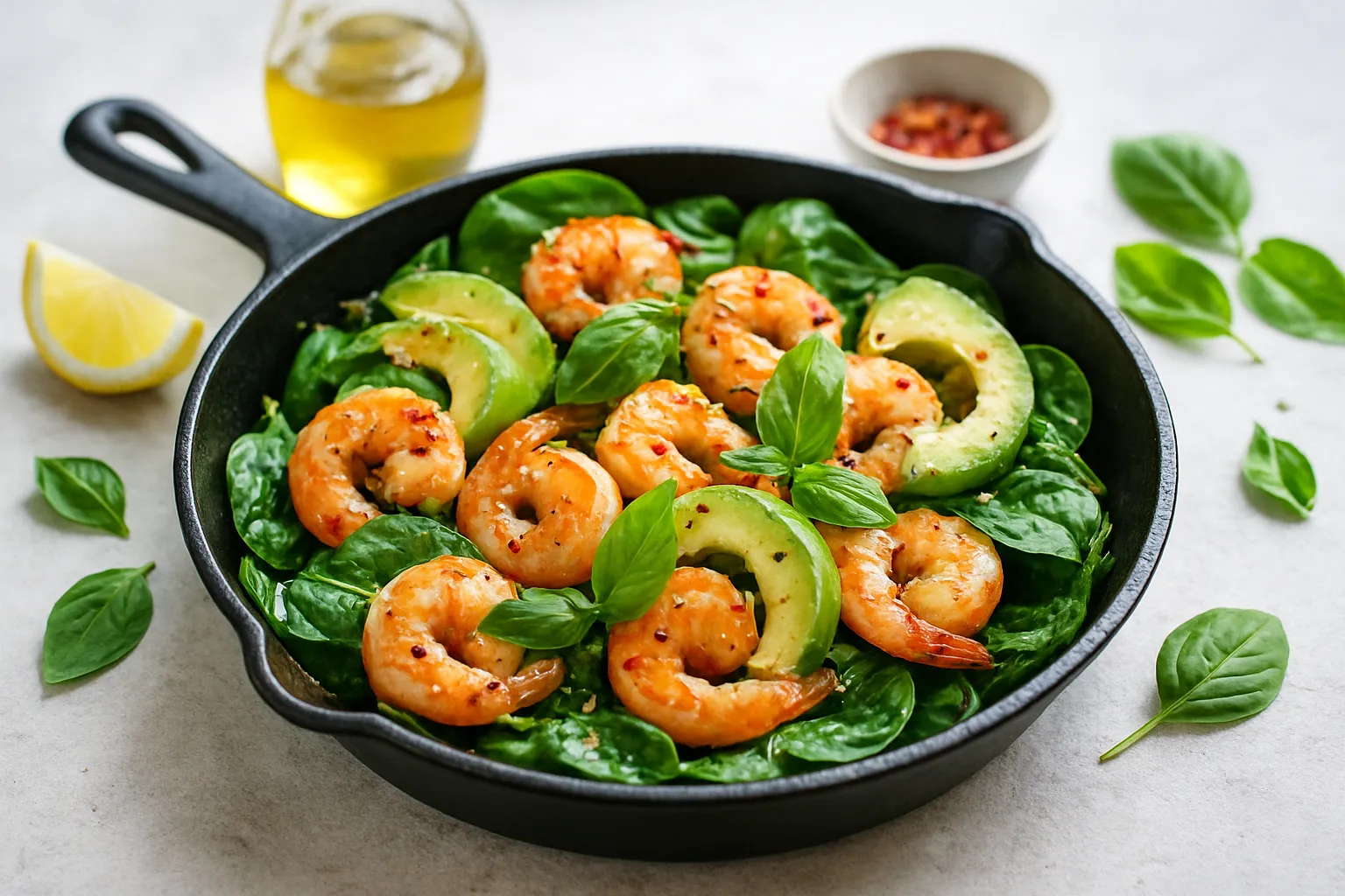Basil-Shrimp & Avocado Breakfast Skillet