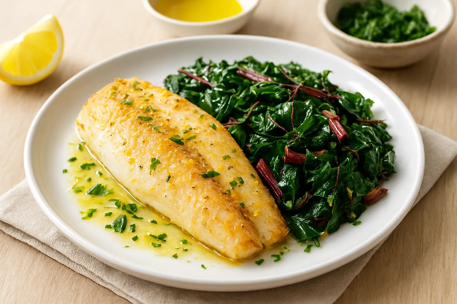 Caper-Free Lemon Roasted Pollock with Sautéed Chard