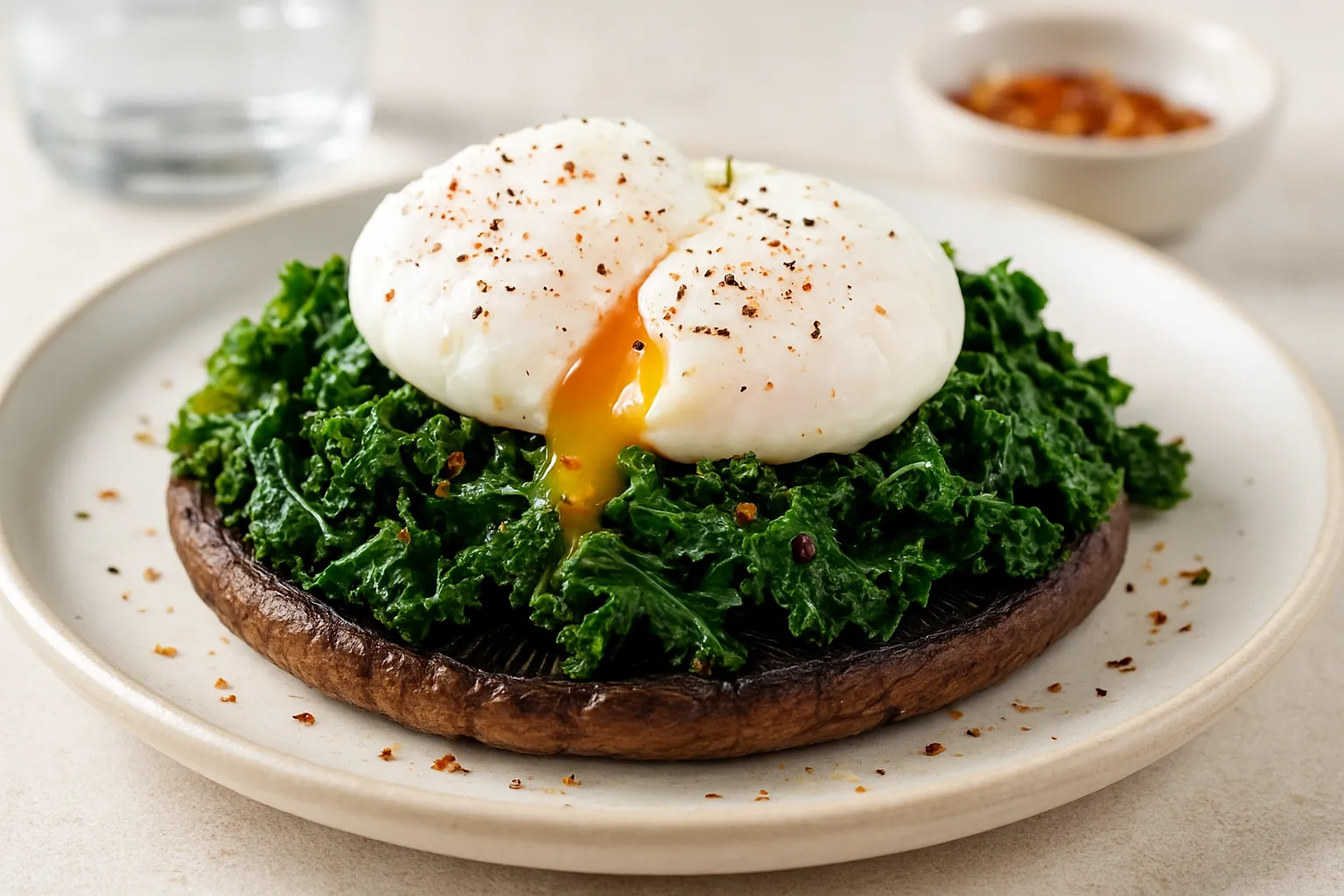 Sautéed Kale & Poached Eggs on Portobello