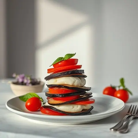 Eggplant Caprese Breakfast Stack with Dairy-Free Mozzarella