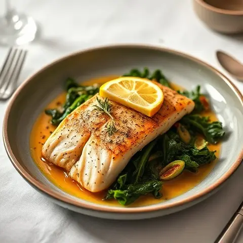 Lemon-Thyme Baked Monkfish with Wilted Kale
