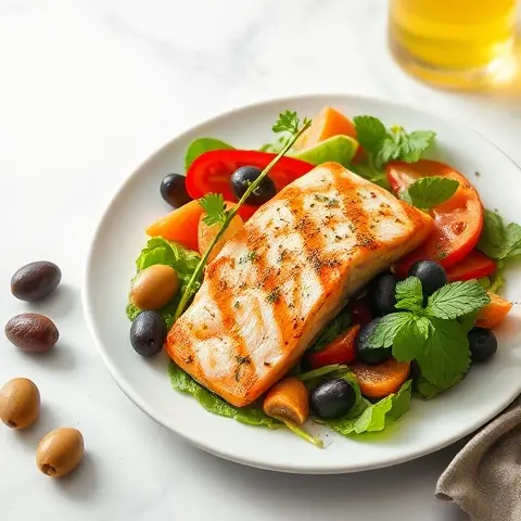Grilled Salmon Greek Salad with Olives and Lemon-Olive Oil Dressing