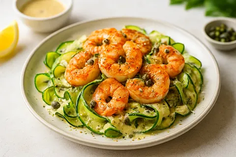 Grilled Shrimp and Zucchini Ribbon Caesar with Dairy-Free Dressing