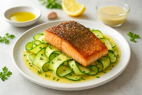 Crispy Skin Salmon over Zucchini Ribbons with Collagen Vinaigrette