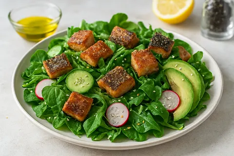 Salmon Skin Crouton Salad with Mixed Greens