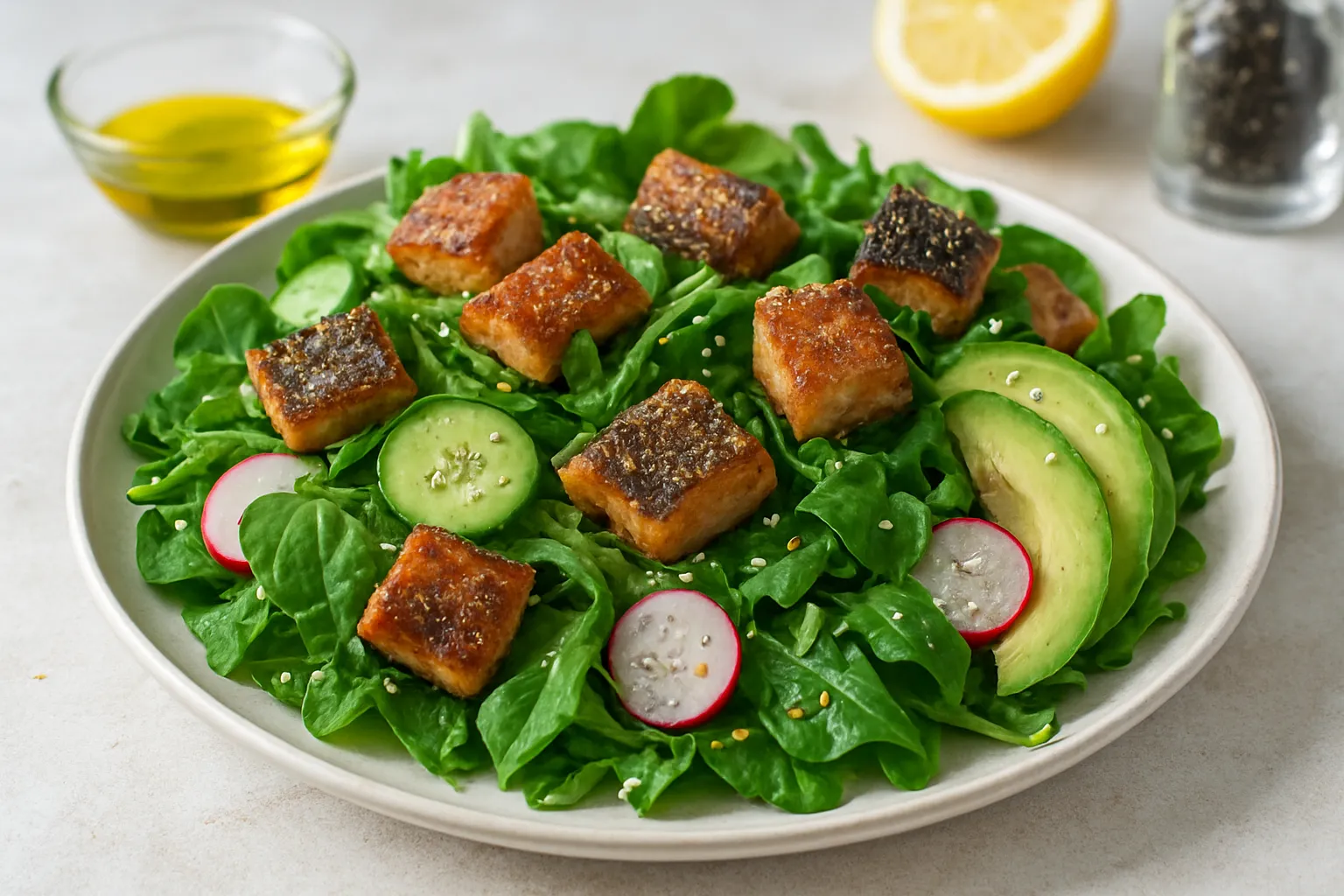 Salmon Skin Crouton Salad with Mixed Greens