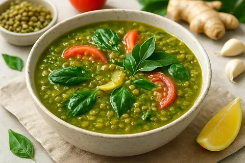Triphala-Spiced Green Mung Soup with Ginger & Curry Leaf