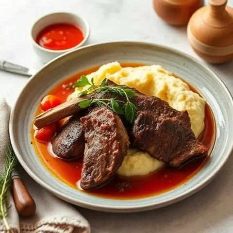 Braised Short Ribs in Tomato-Herb Broth with Cauliflower Mash