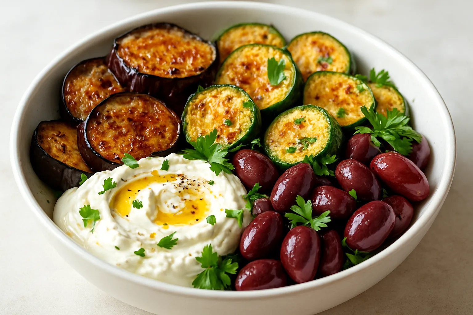 Greek-Style Mezze Bowl with Roasted Veggies and Labneh