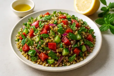Anadolu Freekeh Salatası with Roasted Red Peppers, Cucumber and Sumac-Lemon Dressing