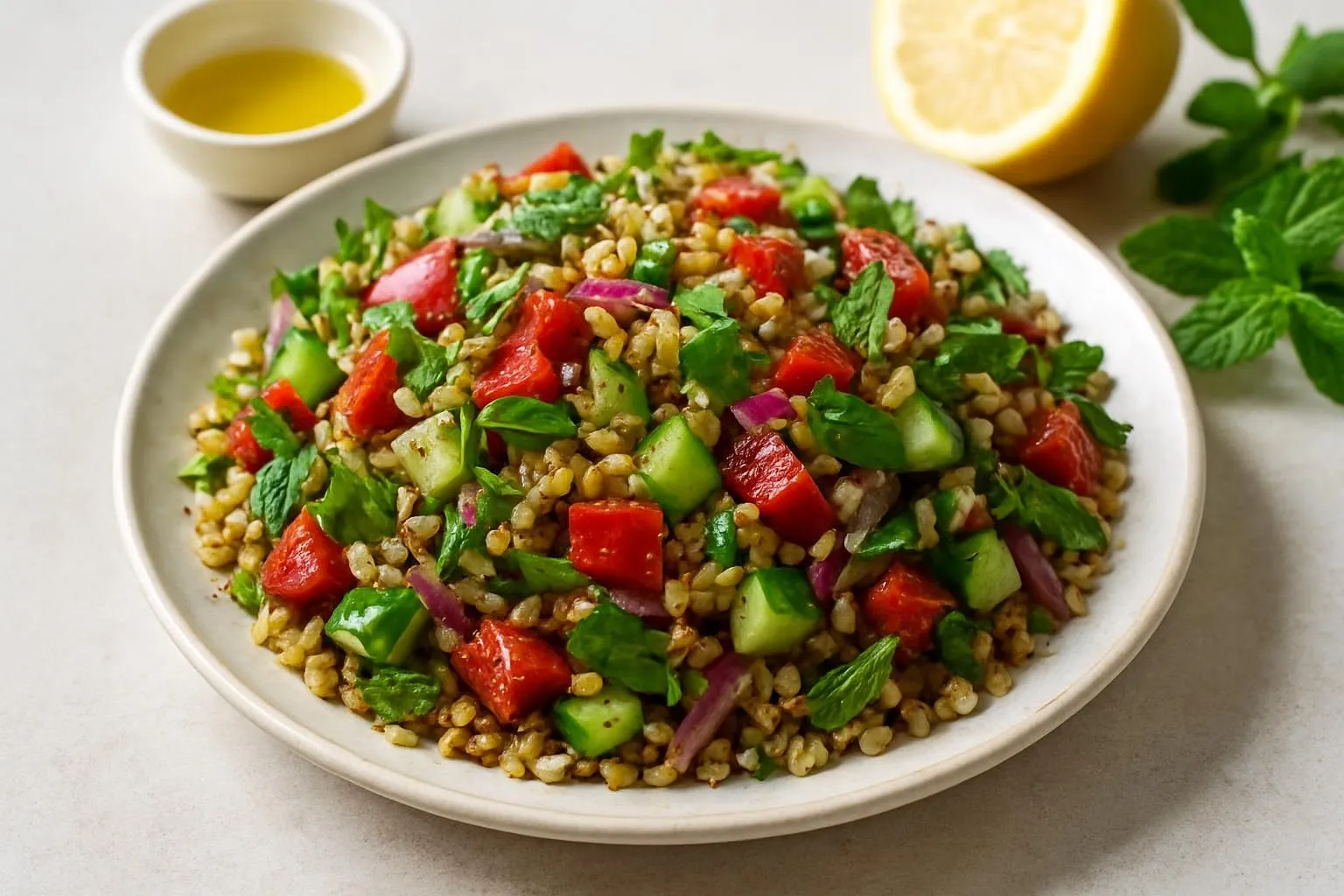 Anadolu Freekeh Salatası with Roasted Red Peppers, Cucumber and Sumac-Lemon Dressing