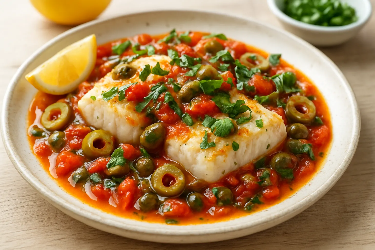 Mediterranean Tomato-Olive Braised White Fish with Herbs
