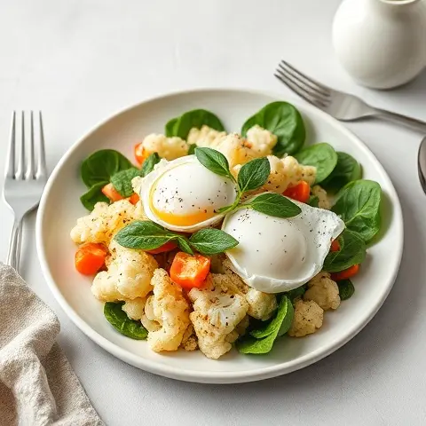 Keto-Friendly Cauliflower Hash with Poached Eggs and Spinach