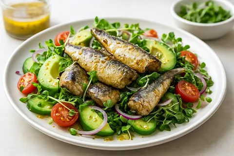 Sardine, Avocado & Microgreen Salad with Mustard Vinaigrette