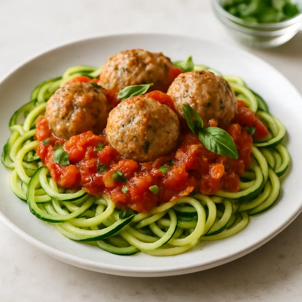 Turkey Meatballs over Zoodles with Tomato-Basil Sauce