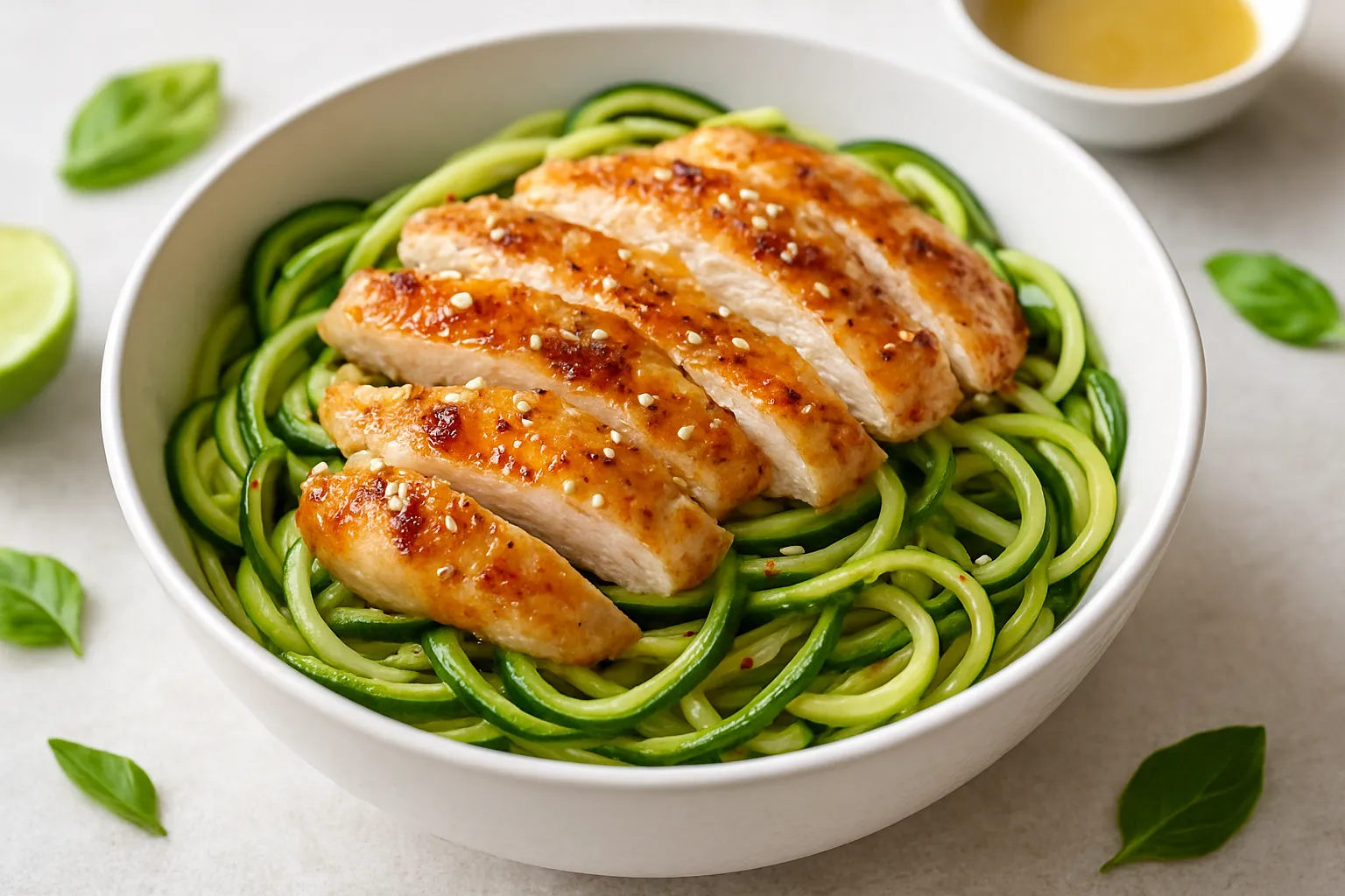 Chicken and Zucchini Noodle Bowl with Ginger Lime Dressing